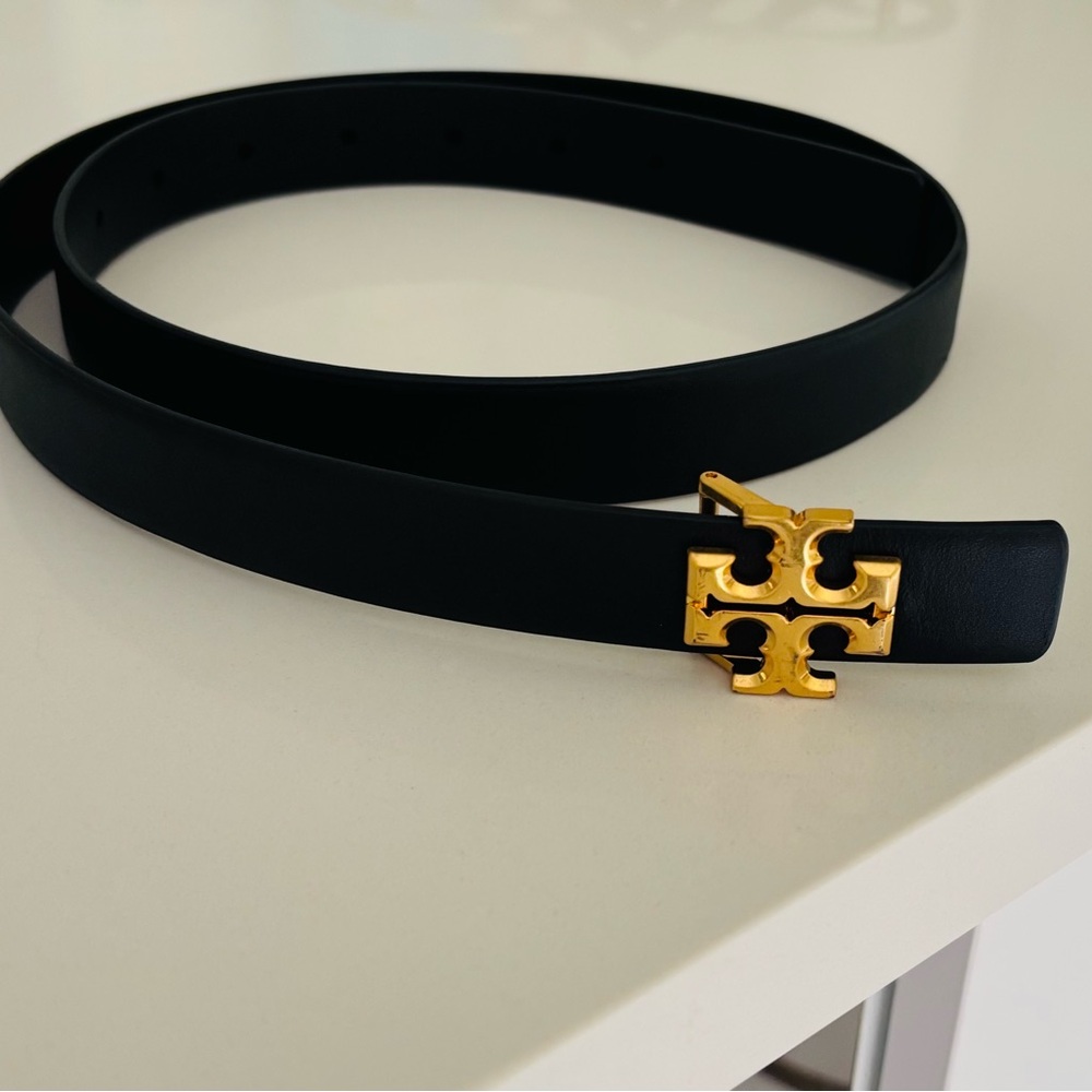Tory Burch 1” Eleanor Black Leather Belt with Gold Buckle size M - Picture 3 of 8